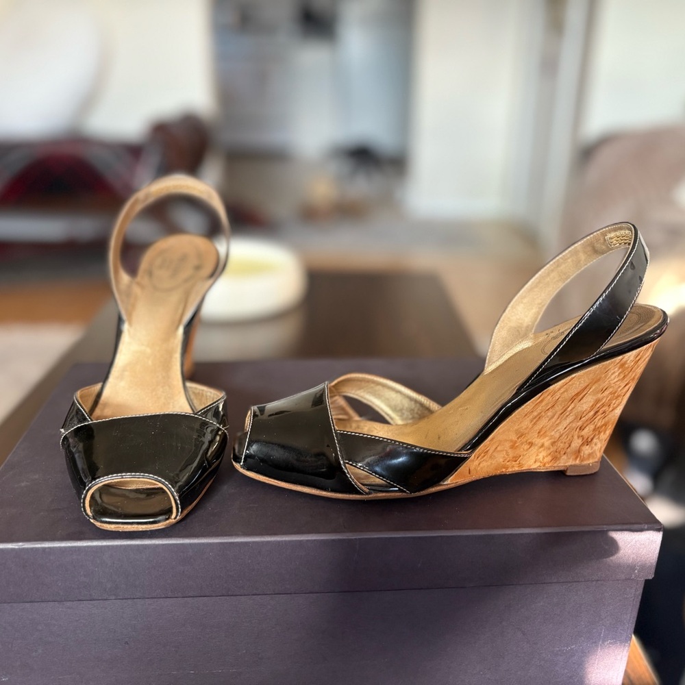 Prada Black and Tan Wedge Sandals